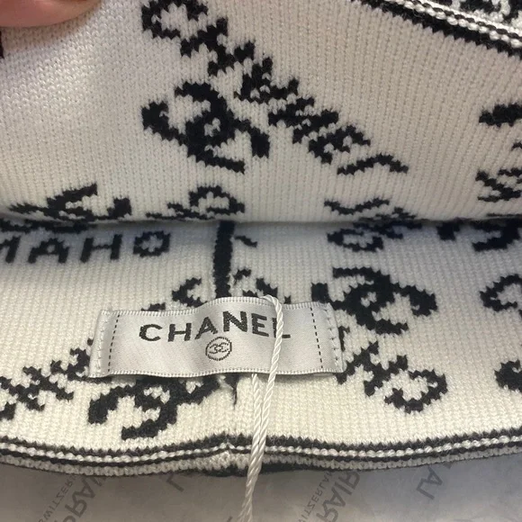 CHANEL Monogram Black and White Knit Hat